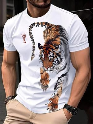 Ropa de verano Tigre Impresión 3D Transpirable Comodidad Manga Corta Cuello Redondo Casual Estilo Urbano Ropa para Hombre