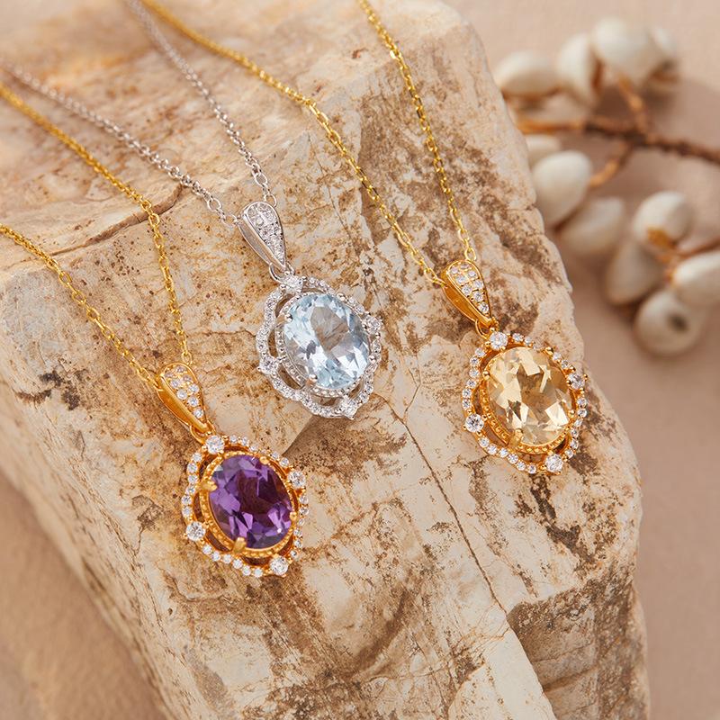Natural Opal Amethyst Citrine Topaz Pendant Necklace Women'S Set S925 Sterling Silver Colored Jewelry