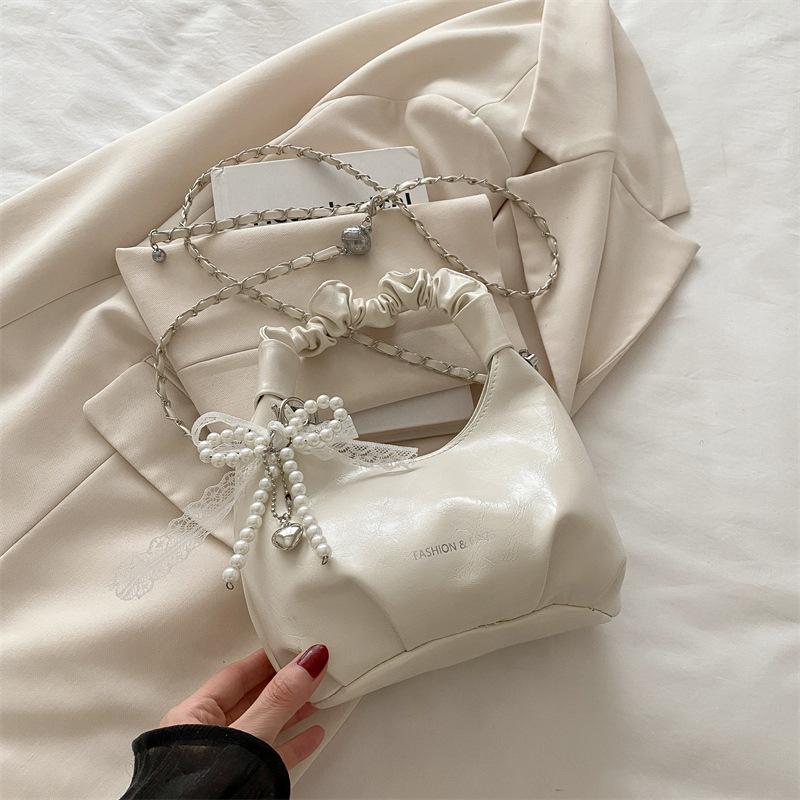 Beaded Bow Solid Color 2 New Casual Simple Design Chain Fold Work Small Carry Handbag Bag Woman
