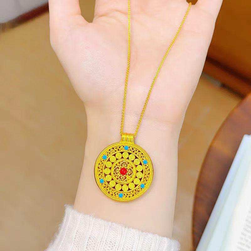 Wei Xue Eight Treasures Sand Gold Enamel Filigree Pendant Sweater Chain