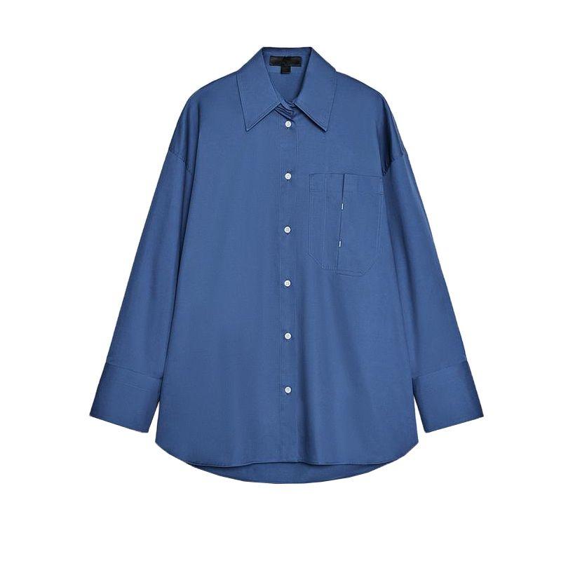 

Spring New Women s Clothing Japanese-Style Retro All-Matching Lapel Pocket Decoration Loose Long Sleeves Shirt 2472231 Medium Blue L