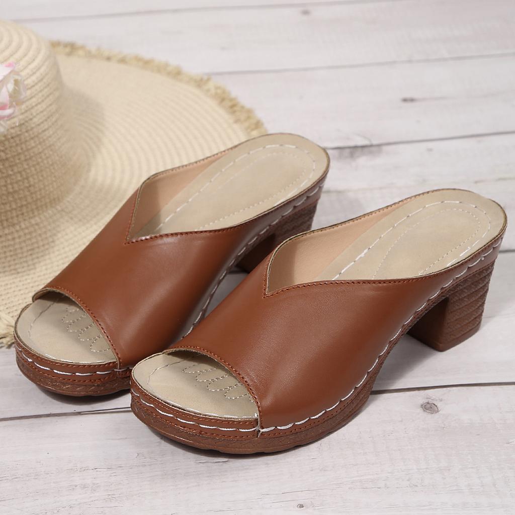 2025 Foreign Trade Summer Women's Thick Heel High-heeled Slippers Large Size Fish Mouth One-word High-heeled Outer Slippers