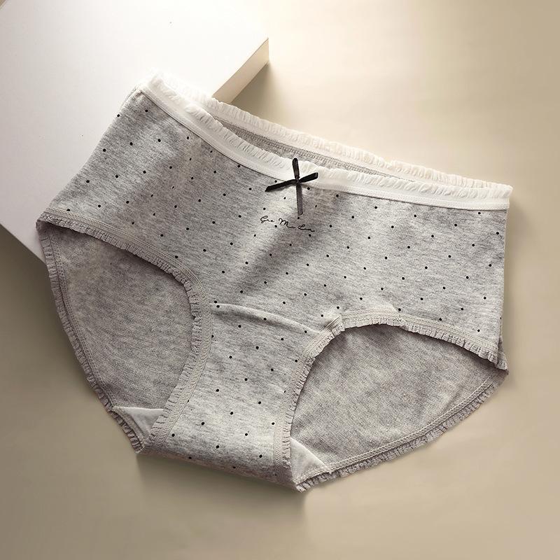 Female Spring and Summer Point Pure Cotton 10A Antibacterial Extended Skin Friendly Breathable Mid Waist Briefs