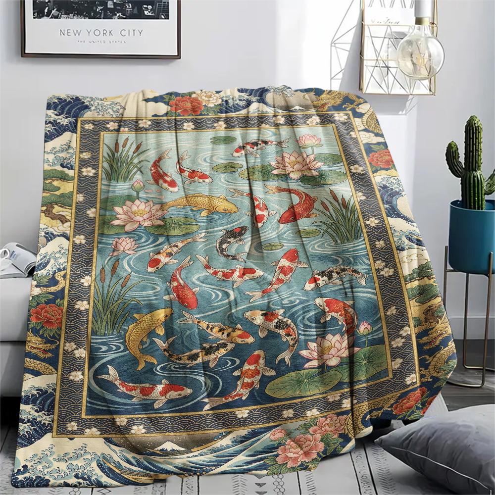 Koi Fish Classical Print Flannel Blanket, High quality Comfortable for All Seasons, Home Decor, Warmth and Comfort, Perfect for Christmas Gifts71