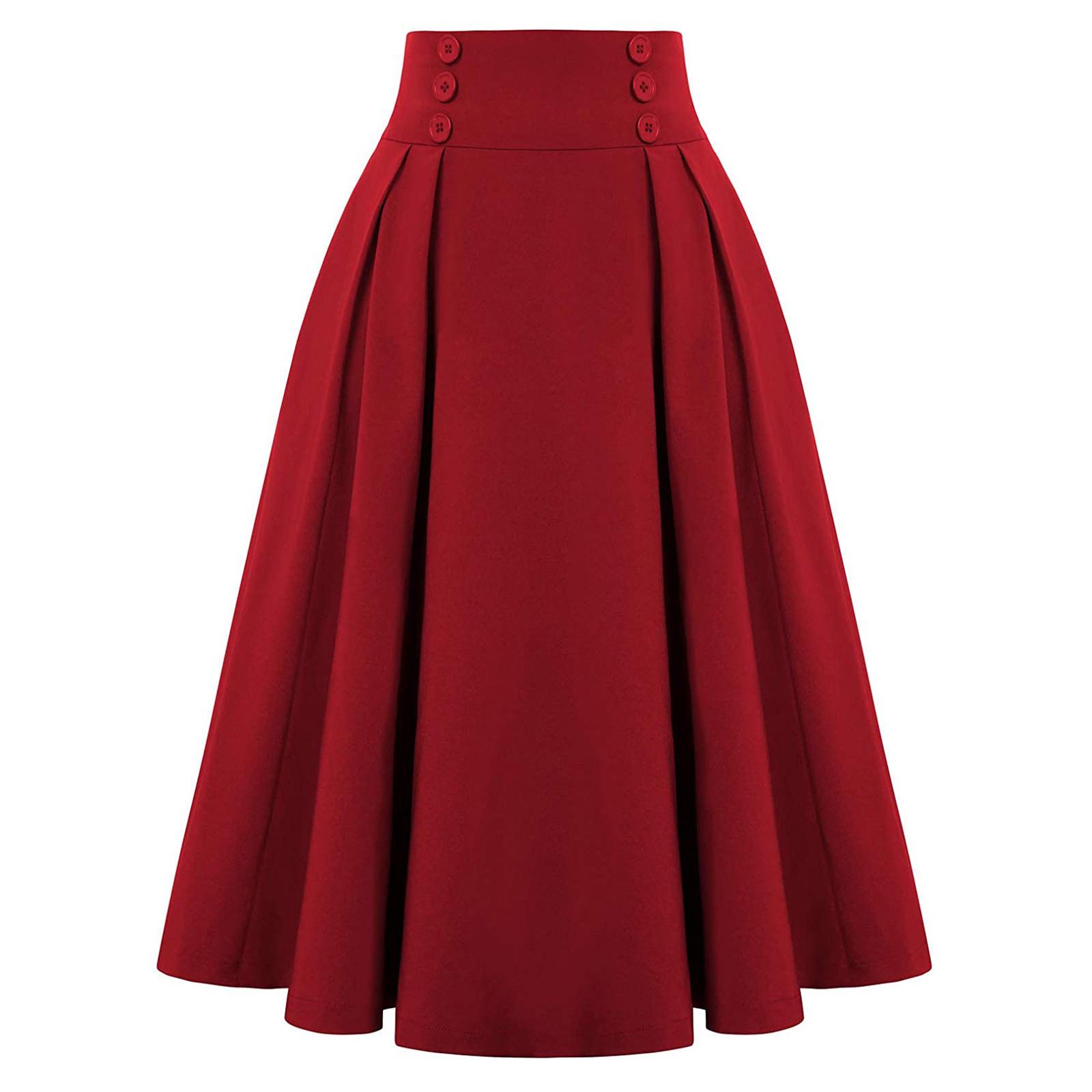 

Women Fashion Casual Skirt With Pockets Vintage High Waist Pleated Skirt M красный