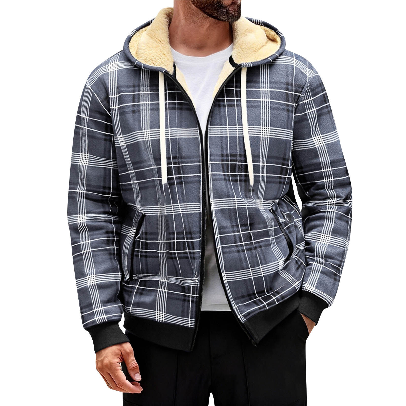 

Men s Hooded Zippered Fleece-Lined Thick Plaid Casual Sports Jacket XL