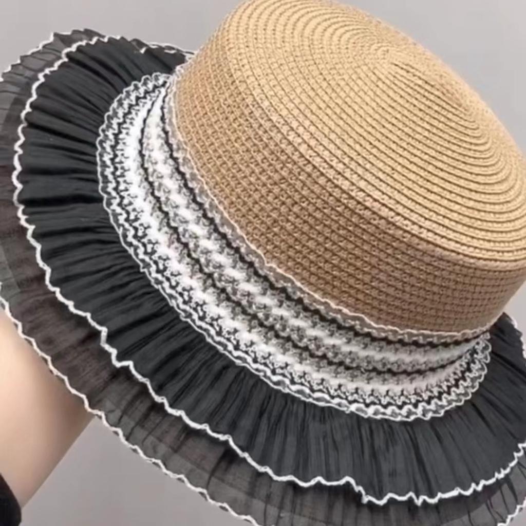 Grass Hat Women's Summer Two-layer Skirt with Flat Top Sun Protection and Sunshade Hat, Artistic and Fashionable Hat