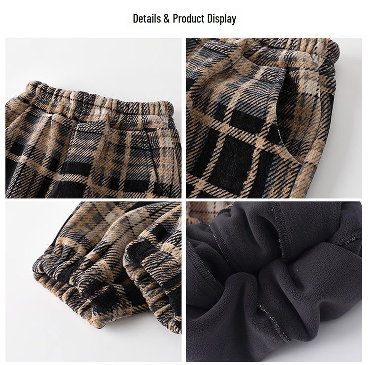 Brand Kids' Autumn/Winter Fleece-Lined Plaid Cuffed Pants for Boys - Thick and Warm