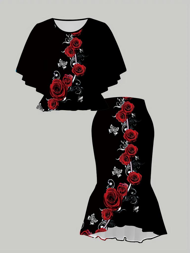 3D Flower Printed Classical Totem Women's Print, Fashionable Large-sized, Elegant, Versatile for All Seasons. T-shirt, Skirt and Set