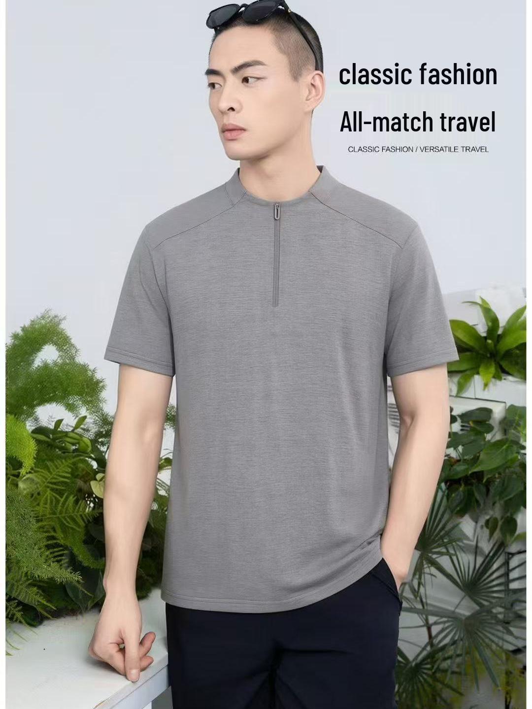 Unisex Quick-dry Stand Collar Short-sleeve Polo Shirt 4XL светло-серый