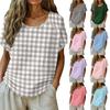 Women Vintage Plaid Short Sleeve Round Neck Blouse Lightweight Breathable Linen Blend Casual Top for Everyday Wear