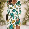 Women White Floral Leaf Printed Criss Cross V Neck Long Sleeve Fitted Curved Hem Dress