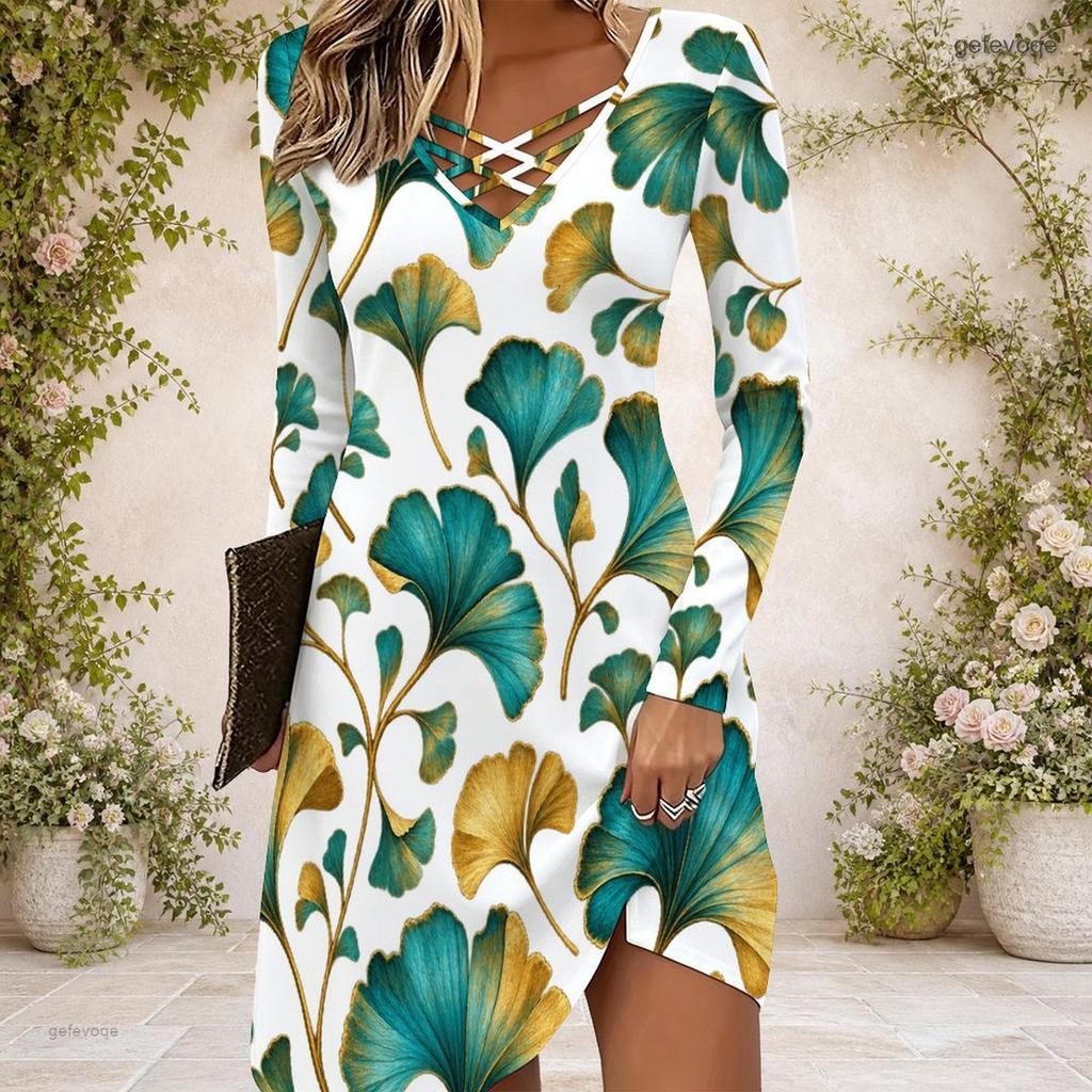 Women White Floral Leaf Printed Criss Cross V Neck Long Sleeve Fitted Curved Hem Dress