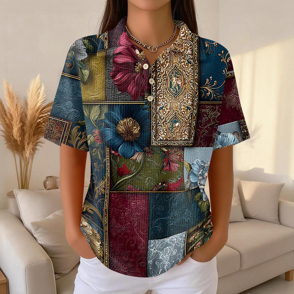Womens Casual Short Sleeve Retro Floral Print Waffle Knit Polo Shirt Lightweight Button Down Top