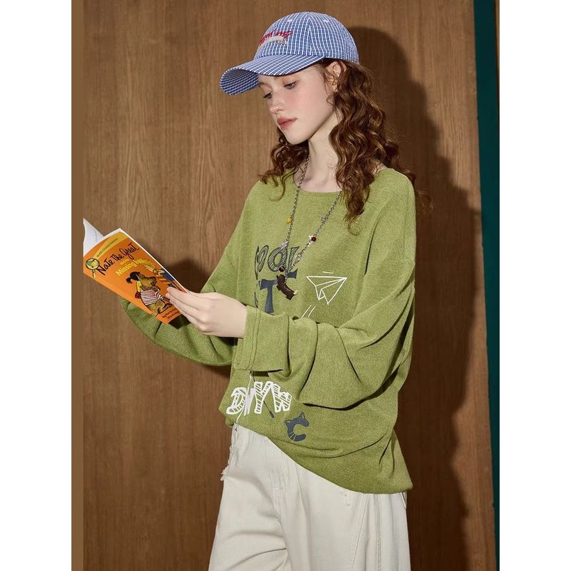 Coolhut Letter Print Casual Loose Fit Distressed Washed Graffiti Lazy Style