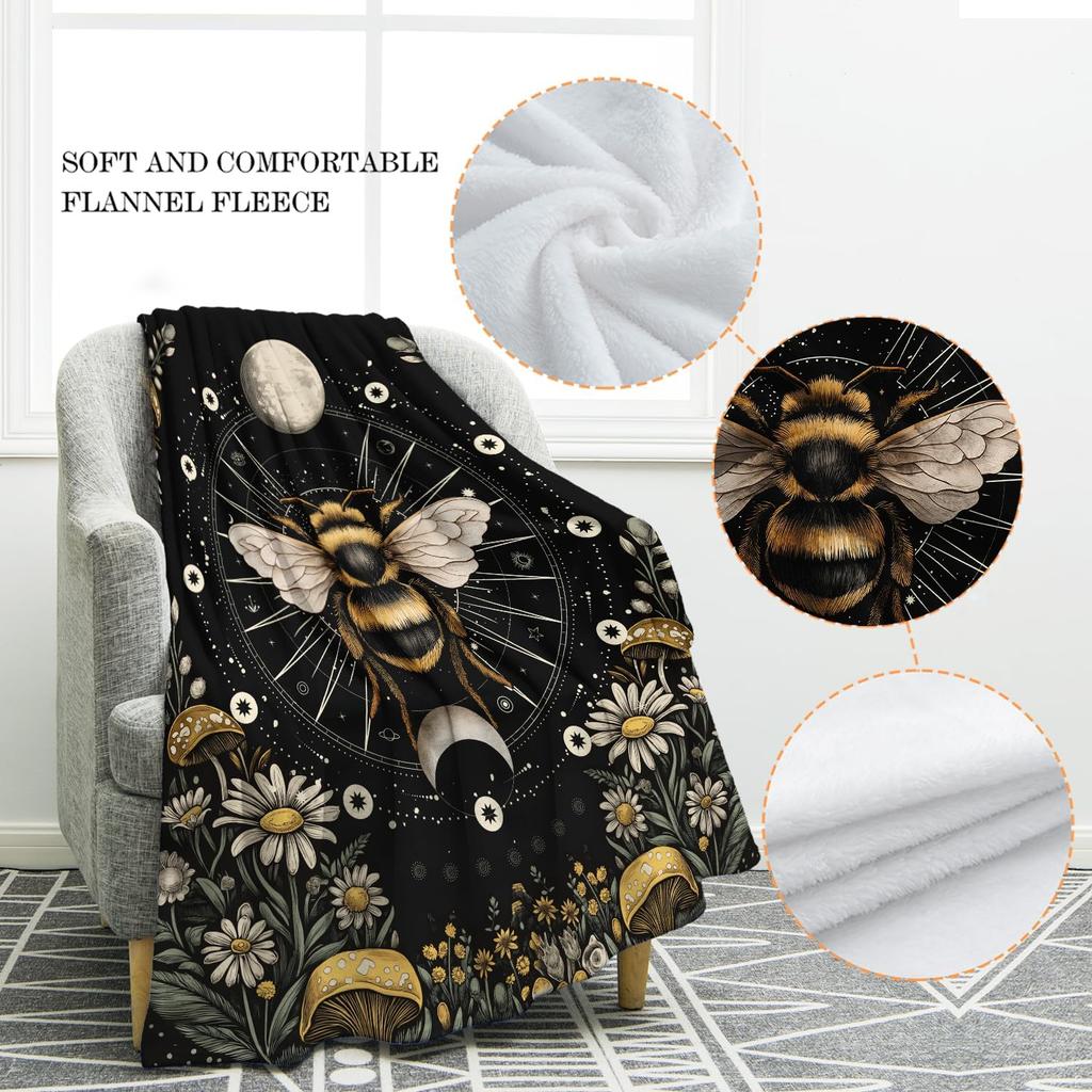 Moon Mushroom Floral Print Blankets for Adult Kid, Witchy Gothic Theme Birthday Party Decorations for Living Room Bedroom Office