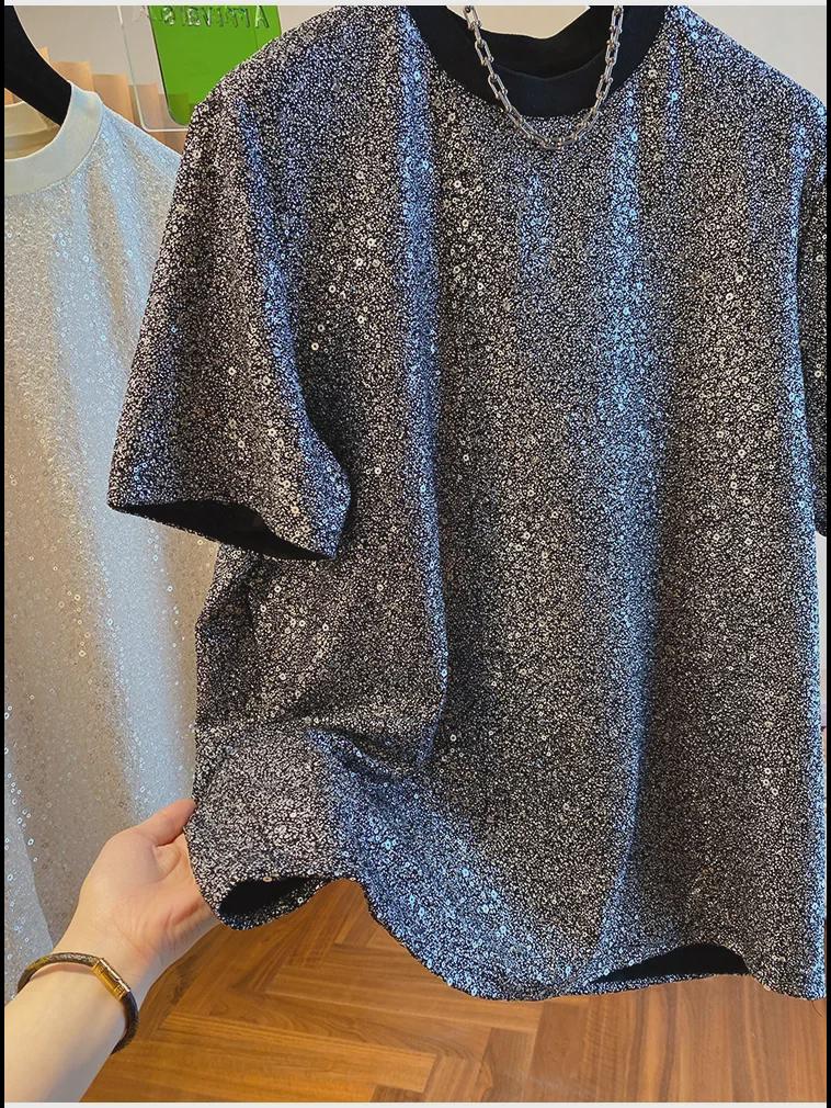 Camiseta Chic de Lentejuelas de Seda para Hombre 2024 - Diseño Europeo de Manga Corta y Corte Holgado