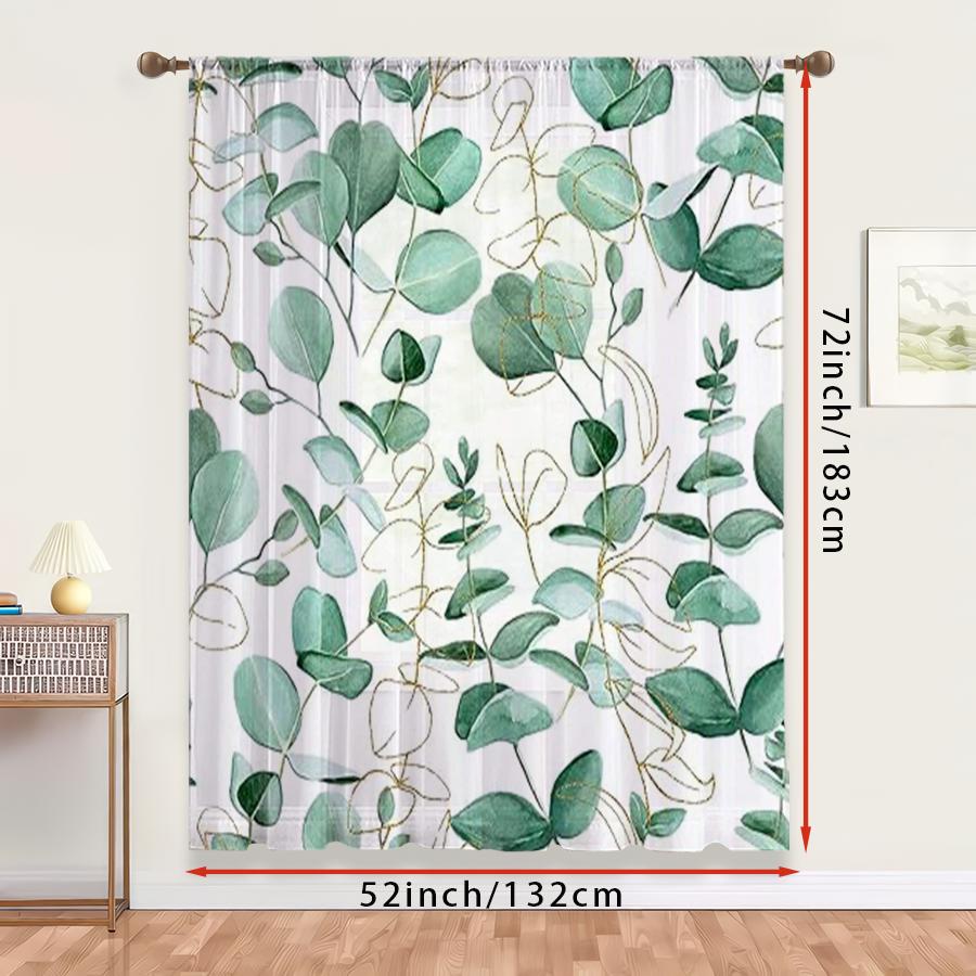 1PC Sheer Curtain Eucalyptus Leaf Golden Line Print, Rod Pocket Window Curtain for Living Room Luxury Home Decor