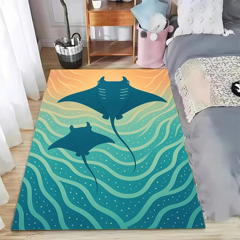 Coastal Beach Area Rug Cartoon Ocean Wave Manta Design Soft Washable Floor Mat for Nautical Living Bedroom Kids Playroom