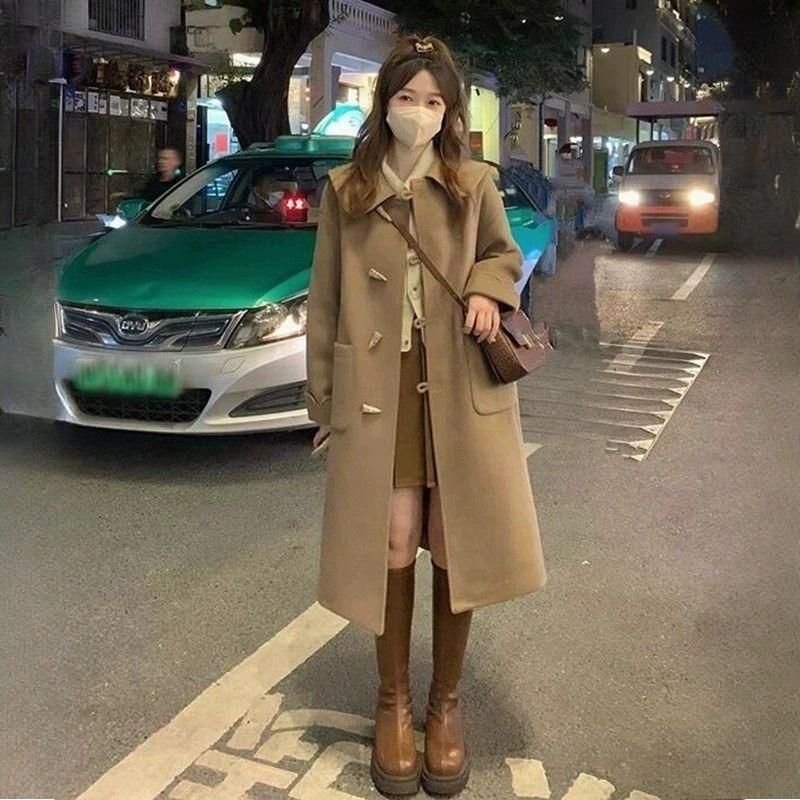 High-End Thickened Woolen Trench Coat with Horn Buttons Autumn Winter Mid-Length Outer Wear