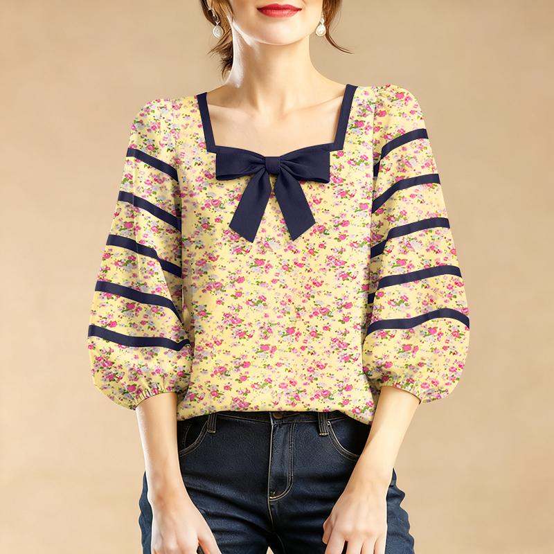 

ZANZEA Женская повседневная блузка с квадратным вырезом, летняя, свободная, с рукавом 3/4, с цветочным принтом M тёмно-синий