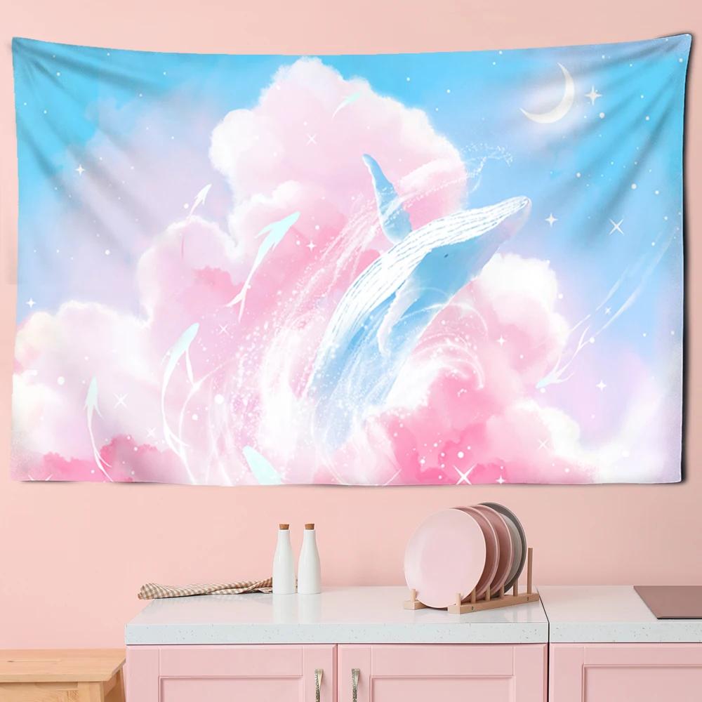 Tapestry Aesthetics Cartoon  Sky Dolphin  Pink Purple Cloud  Bedroom Wall Home Decoration