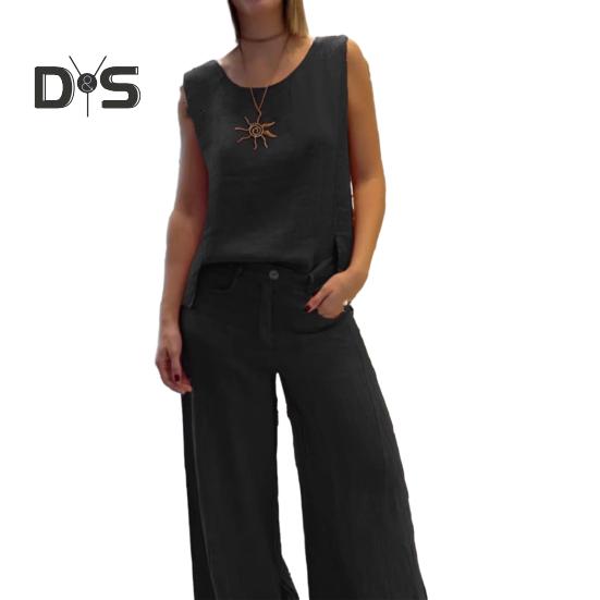 

Женский комплект из 2 предметов из хлопка и льна, безрукавки, с круглым вырезом, широкие брюки, комплекты для отдыха с карманами M чёрный