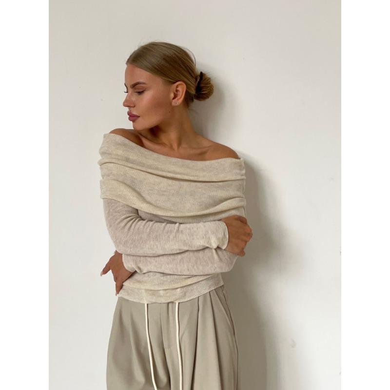 

Элегантные трикотажные изделия с открытыми плечами и длинными рукавами, топы, сексуальный пуловер, вязаный свитер для женщин, модные осенние облегающие однотонные свитера с разрезом по горловине для женщин 1743 M