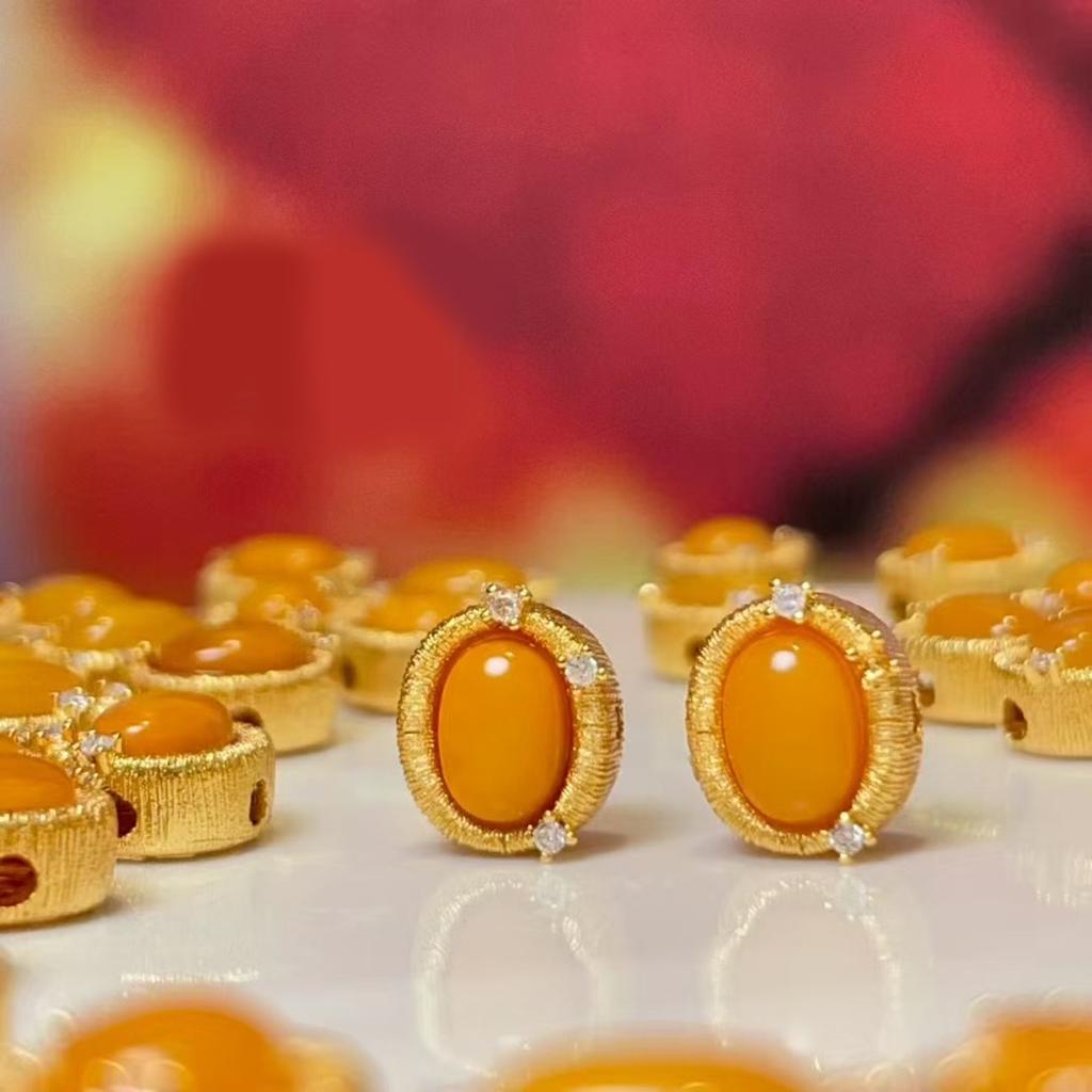 5Pcs, Natural Stone Yellow Amber Beads Accented with Golden Edges, Boho Oval Beads for Jewelry Making DIY Materials, Easter Hanukkah Crafts 8.5×9.5mm