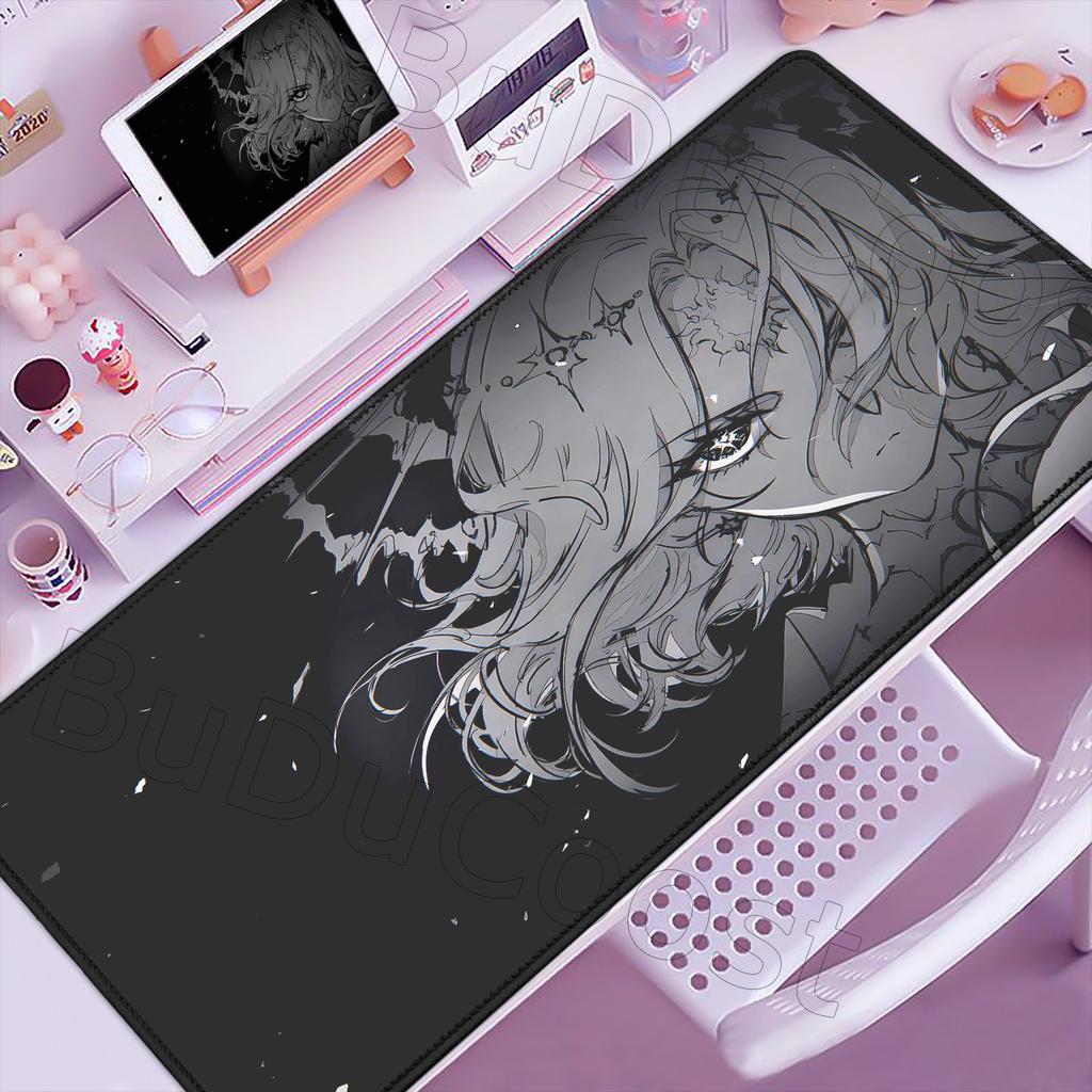Kawaii Black & White Anime Girl Table Mat Large Mouse Pad Office Keyboard Lock Edge Desk Mat Gamer Accessories Non-slip Mousepad