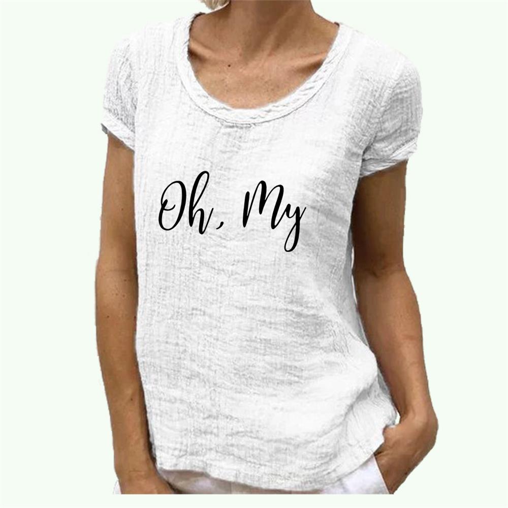 Women Fashion Cotton Linen T-shirt Round Collar Short Sleeve Top Spring&summer Print Blouse