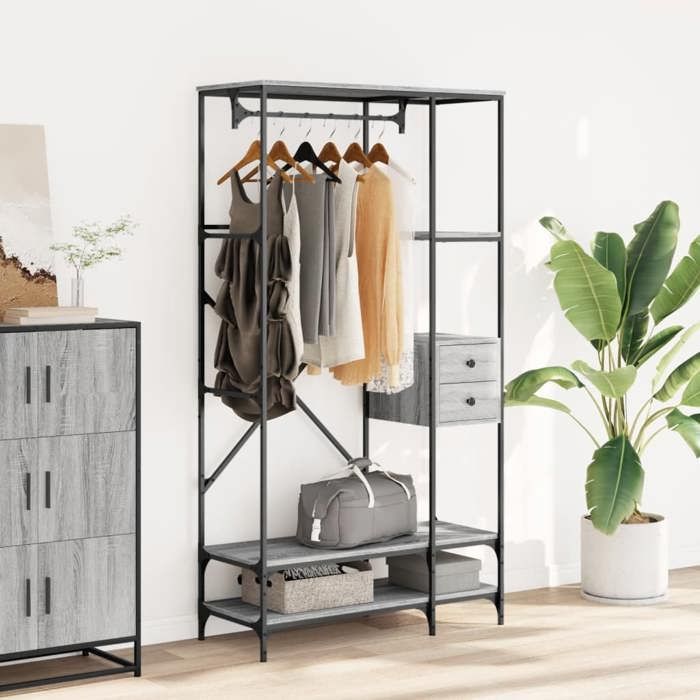 VidaXL Clothes Rack with Shelves Sonoma Grey Engineered Wood, Coat Rack, Clothes Rail, Garment Rack, 847862