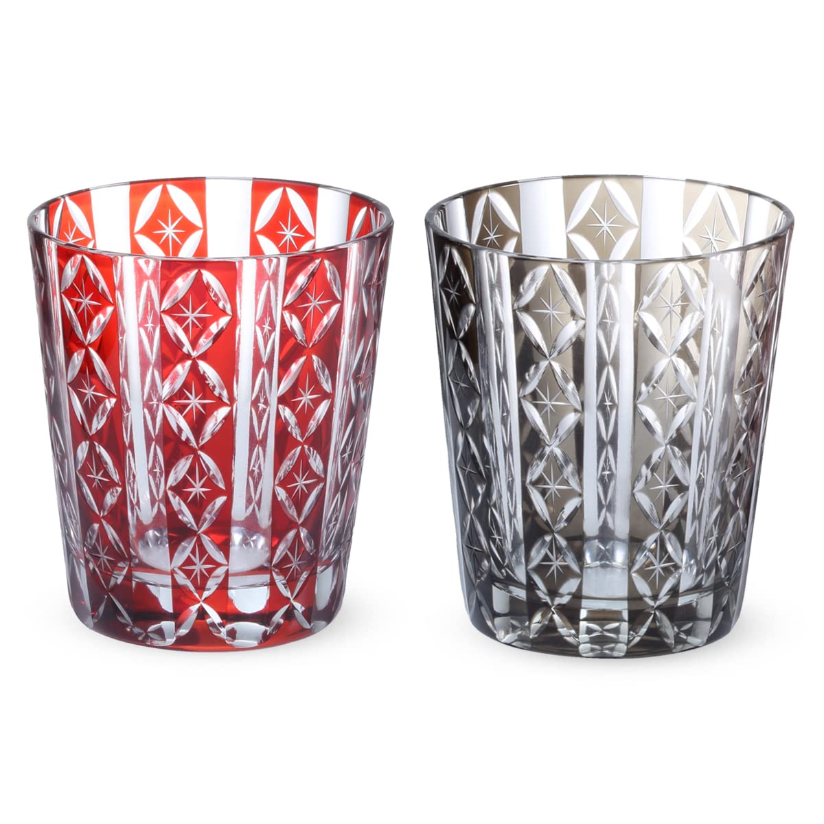 

Retro Kiriko Pair of Glass Shippo Red Kasho Current Model J-kitchens Cups, 79xH90mm, 220cc, & Brown,