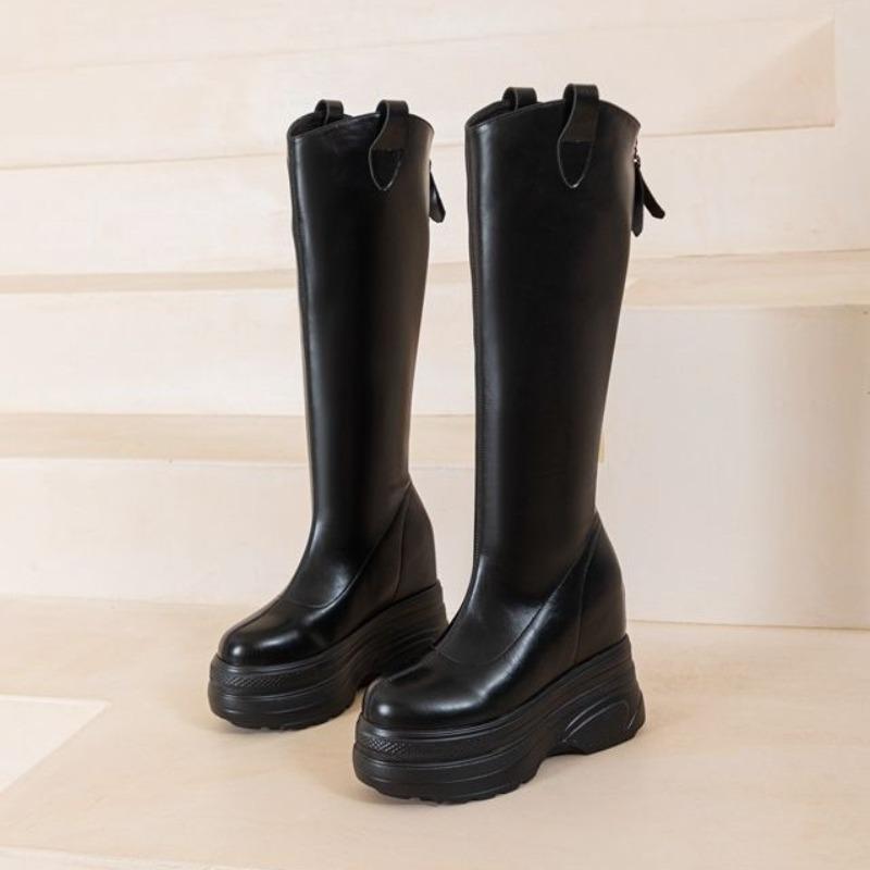 Fashion 11CM Microfiber Genuine Leather Platform Wedges Knee High Boots Woman Plush Modern Hidden Heel Winter Autumn Shoes Plush
