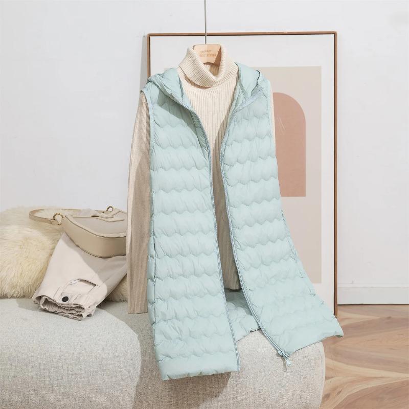 Light Thin Down Vest Women Winter Long Quilted Hooded Jackets Slim Waistcoat Autumn Basic Parkas