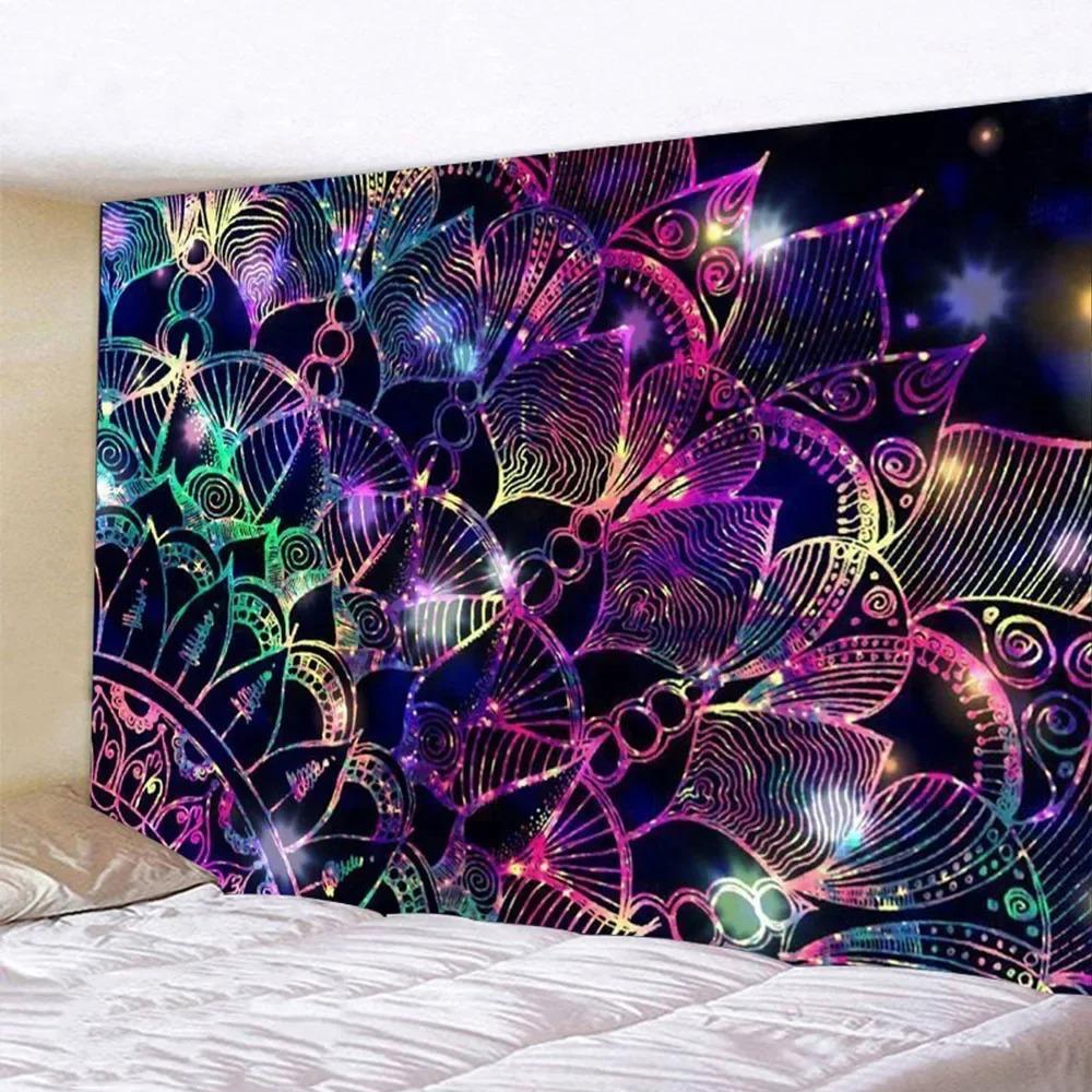 Bohemian Indian Mandala Hippie Psychedelic Peacock Mandala Wall Hanging Fitted Sheet Tapestry Wall Tapestry