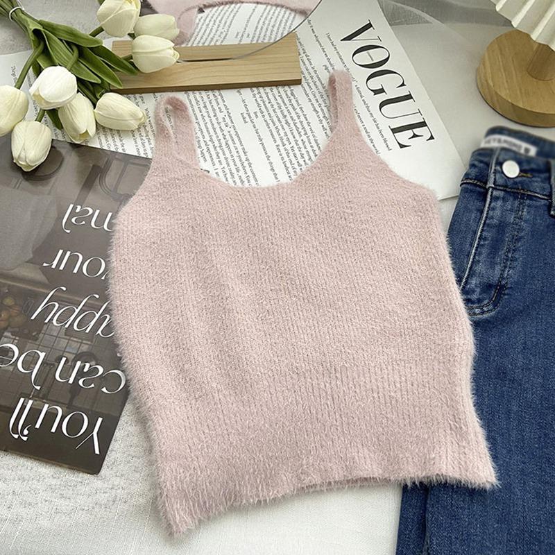 Women's Knitted Plush Elegant Slim Camisole Solid Color  Temperament Sleeveless U-Neck Versatile Cropped Top