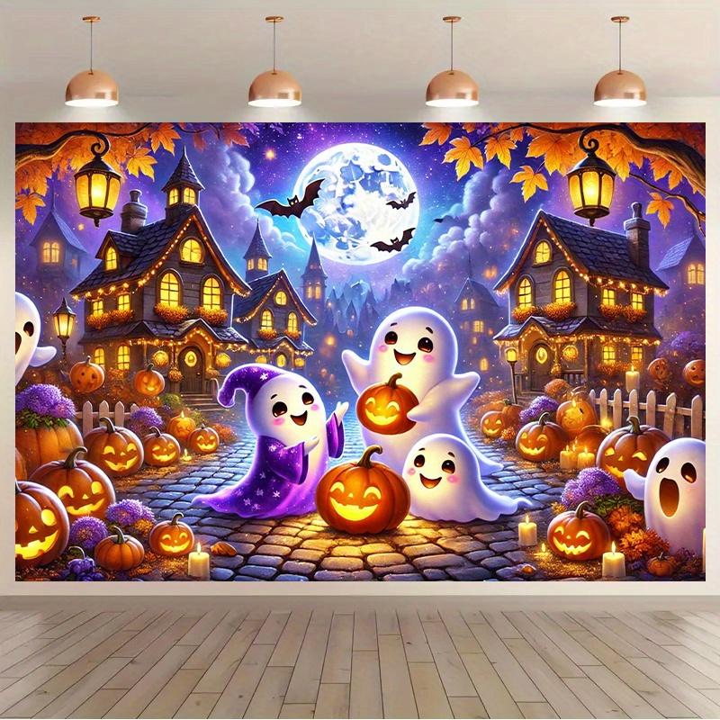 1 piece a dreamy background fabric depicting a celebration of ghosts and pumpkins in the autumn night