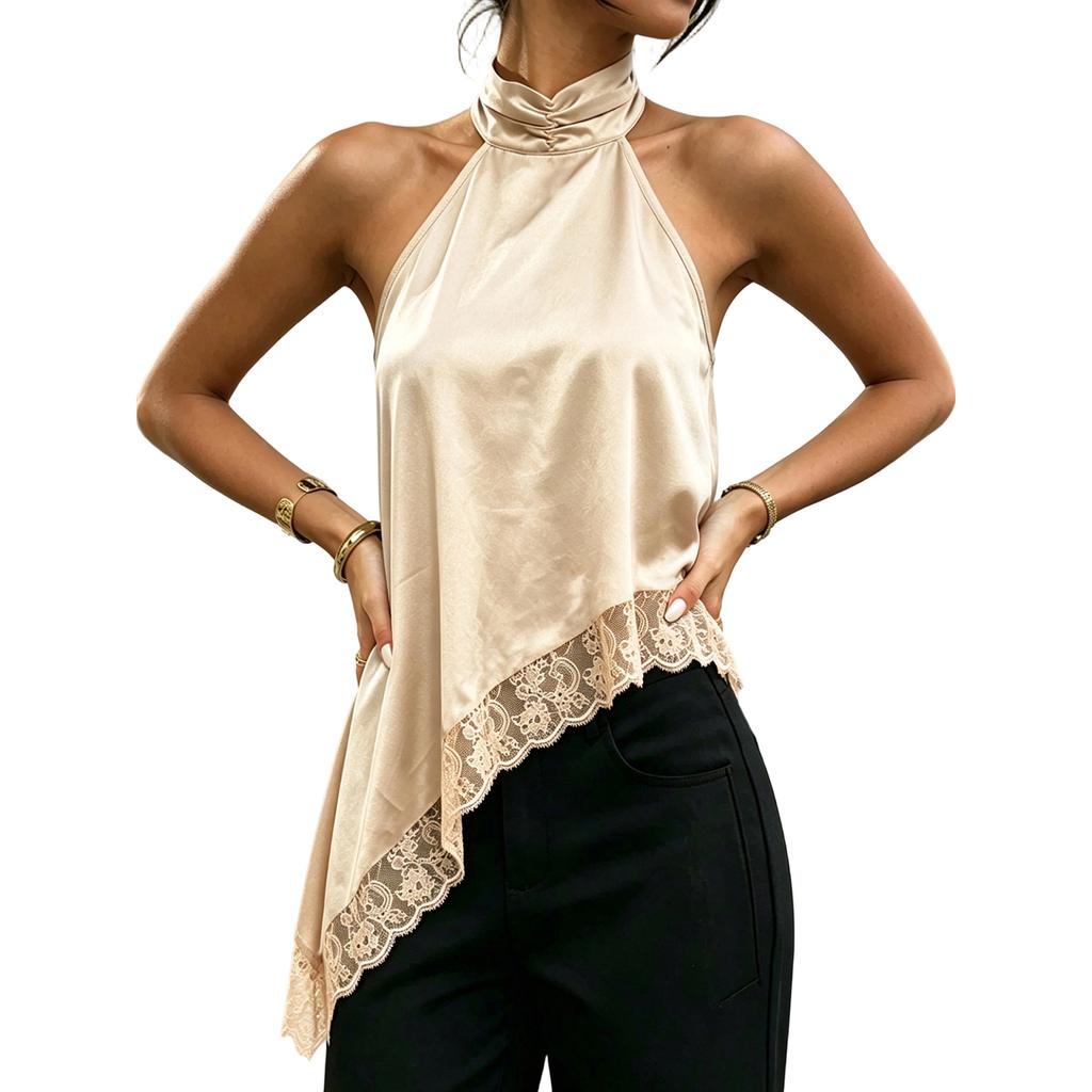 Damen Satin-Oberteil ärmellos mit Spitze und unregelmäßigem Saum Elegante lockere Bluse für den täglichen Gebrauch Ausflüge Büro