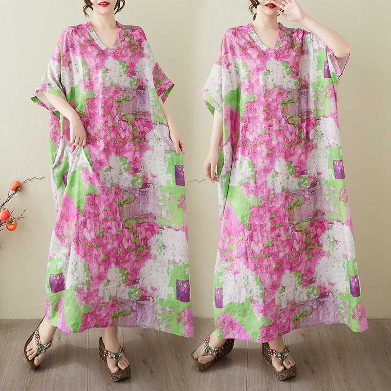 Women's Vintage Long Dress with Cotton and Linen Patterns