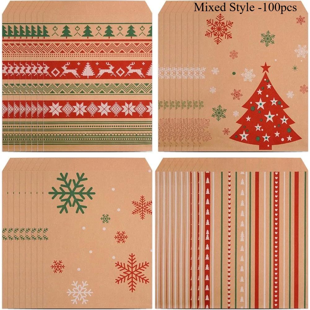 

100pcs Christmas Kraft Bags Festive Paper Gift Bags 4 Unique Designs Christmas Party Goody Bags and Buffet Tables Party Supplies 100pcs&13x18cm
