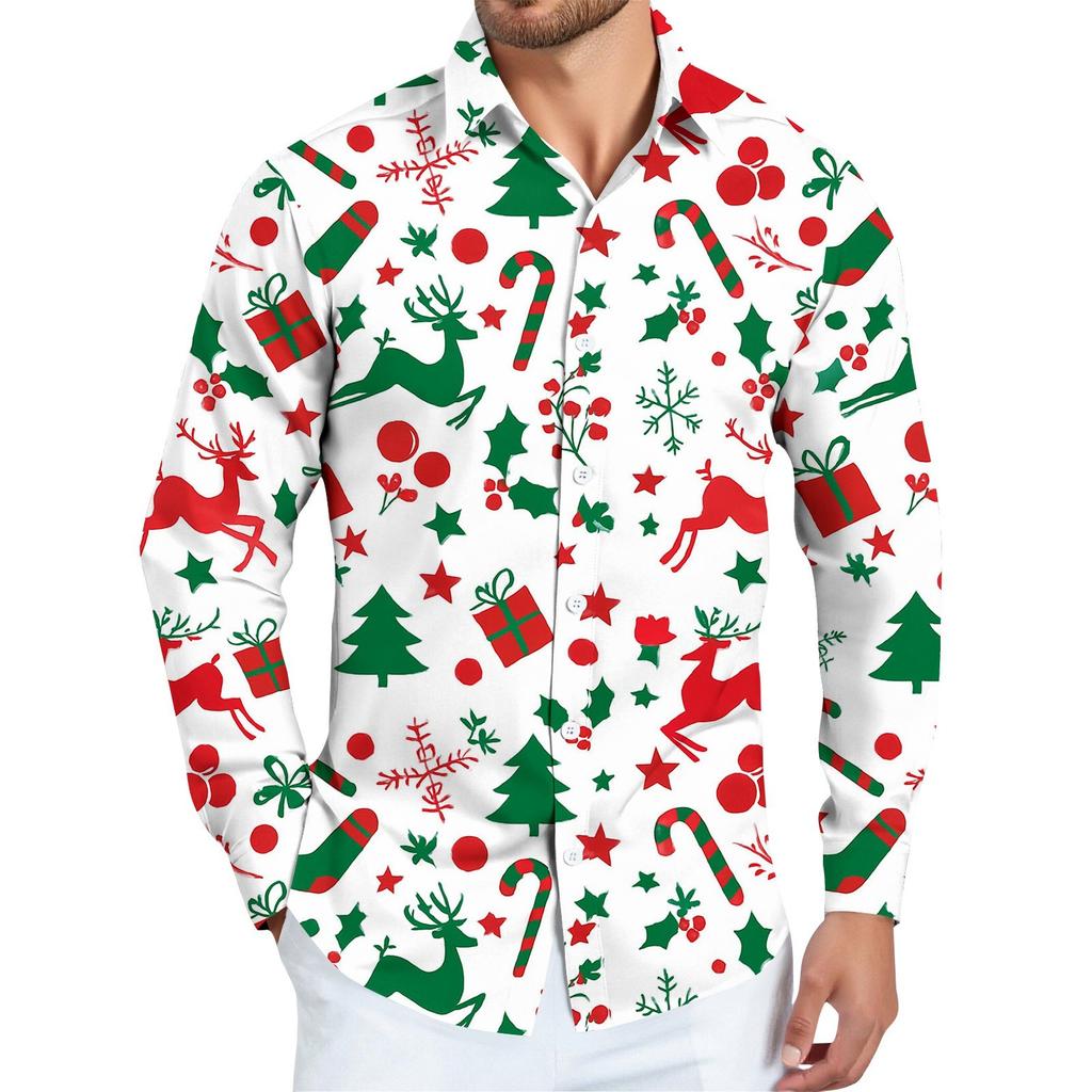Men's Christmas Shirt Christmas Print Long Sleeve Button Shirt