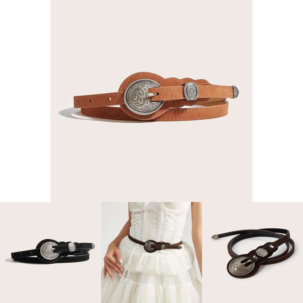 Ethnic Style Solid Color Oval Metal Buckle Decoration Suede Women Belt For Vintage Dresses And Casual Wear