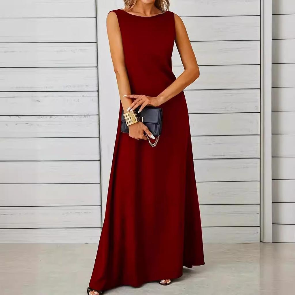 Spring and Summer Elegant and Pure-colored Round-neck Short-sleeved Resort-style Women's Dresses