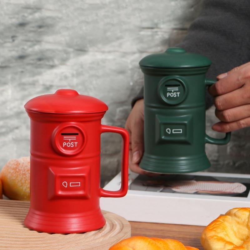 Retro Mailbox Shape Coffee Cup 500ml Ceramic Drinking Mug with Handle and Lid For Birthday Christmas Gift And Daily Use