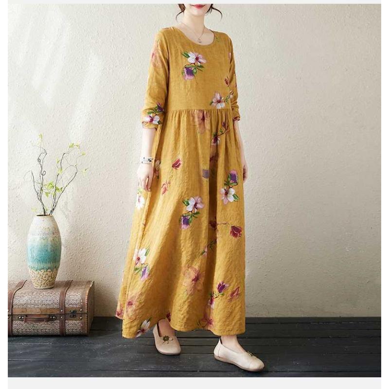 New Color Round Neck Retro Long Skirt Cotton Linen Dress