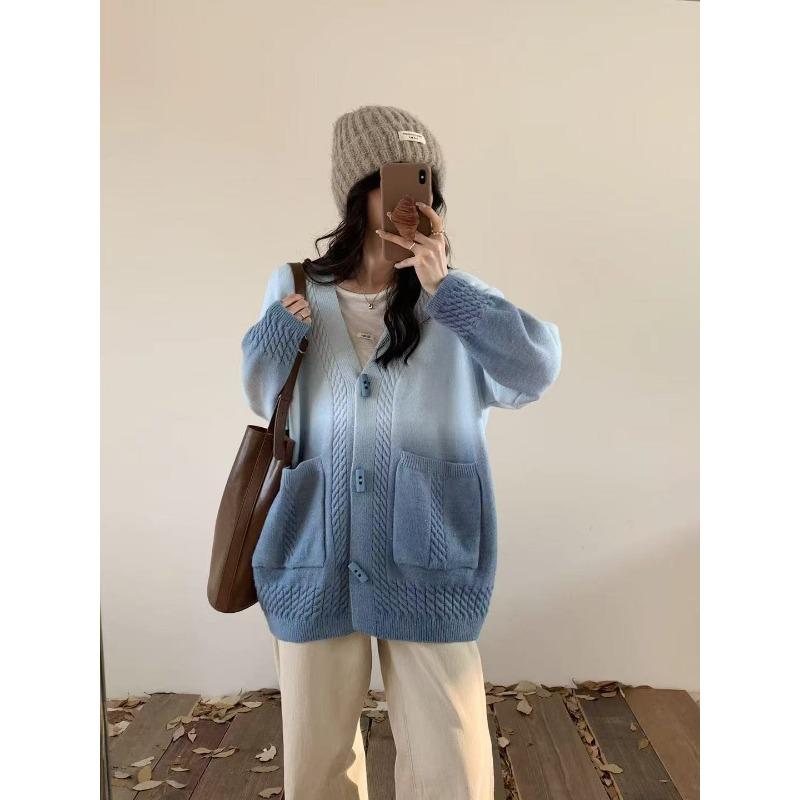 

Женский трикотажный кардиган с постепенным переходом цвета, средней длины, с V-образным вырезом и перекручиванием, новый, свободного кроя, в стиле ленивого ветра, на осень и зиму One size