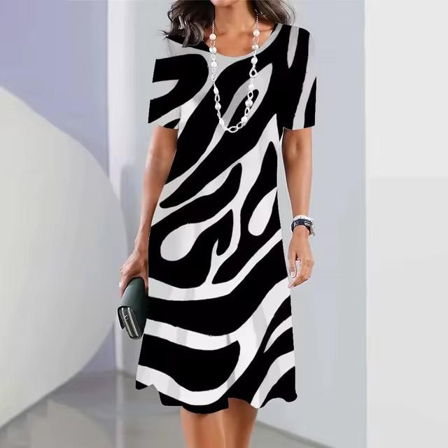 Women Round Neck Short Sleeve 3d Print T-shirt Dress Midi Length Summer Beach Wear