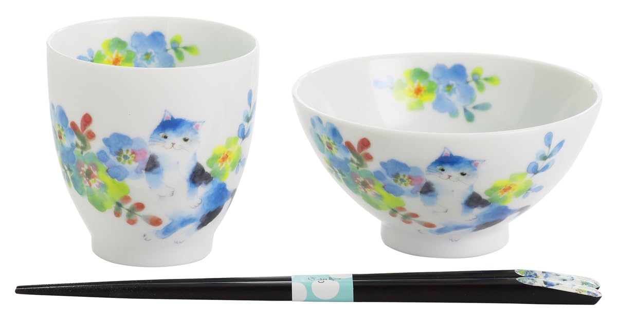 

Ceramic Indigo Flower Cat Rice Bowl and Teacup Blue with Tenpo Chopsticks 23211