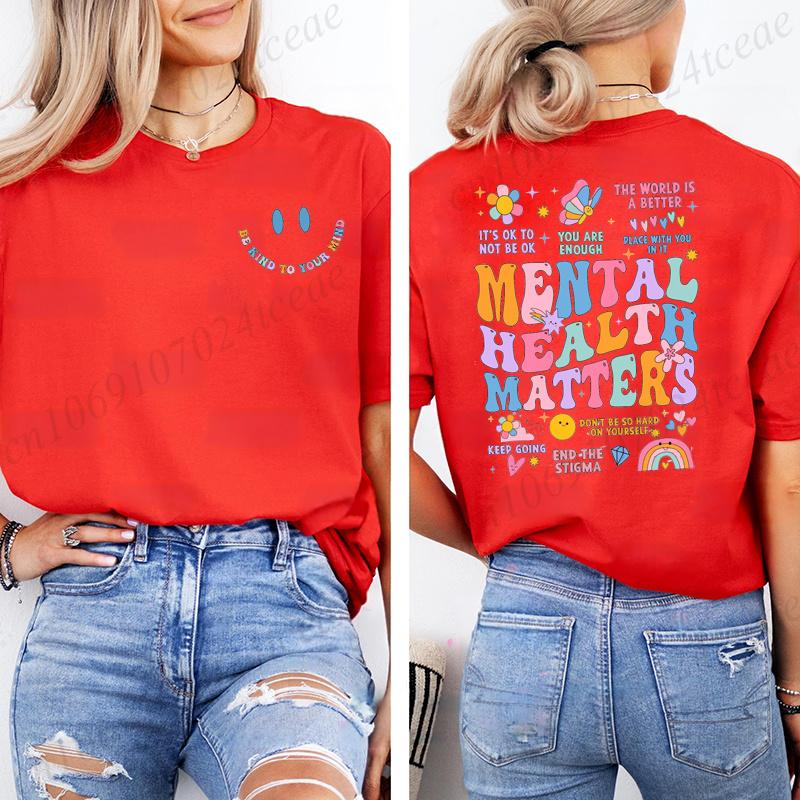 Fashion Women T Shirts Mental Health Matters Print Short Sleeve T-Shirt Inspirational Recreational Therapy Casual Summer Shirts